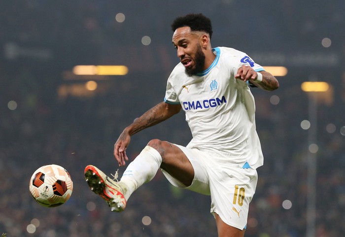 Soccer Football - Europa League - Play-Off - First Leg - Shakhtar Donetsk v Olympique de Marseille - Volksparkstadion, Hamburg, Germany - February 15, 2024 Olympique de Marseilles Pierre-Emerick Aubameyang in action REUTERS/Cathrin Mueller