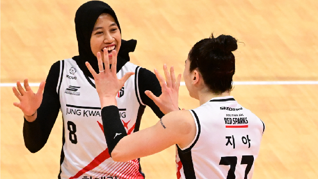 AI Peppers vs Red Sparks pada lanjutan Liga Voli Korea Selatan di Yeomju Gymnasium, Gwangju, Jumat (16/2). (Dok. Kovo)