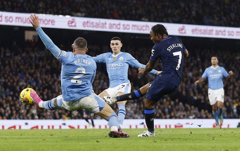 Soccer Football - Premier League - Manchester City v Chelsea - Etihad Stadium, Manchester, Britain - February 17, 2024 Chelsea's Raheem Sterling scores their first goal Action Images via Reuters/Jason Cairnduff NO USE WITH UNAUTHORIZED AUDIO, VIDEO, DATA, FIXTURE LISTS, CLUB/LEAGUE LOGOS OR 'LIVE' SERVICES. ONLINE IN-MATCH USE LIMITED TO 45 IMAGES, NO VIDEO EMULATION. NO USE IN BETTING, GAMES OR SINGLE CLUB/LEAGUE/PLAYER PUBLICATIONS.