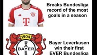 Sepertinya Bundesliga musim ini bakal menghadirkan dua rekor baru: Harry Kane dengan rekor gol, tapi gelar juaranya digondol Leverkusen untuk kali pertama dalam sejarah. Foto: dok. Internet/X (Twitter)