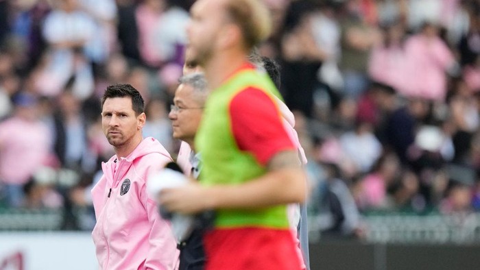HONG KONG, CHINA - FEBRUARY 4: Lionel Messi of Inter Miami reacts during the preseason friendly match between Hong Kong Team and Inter Miami at Hong Kong Stadium on February 4, 2024 in Hong Kong, China. (Photo by Fred Lee/Getty Images)