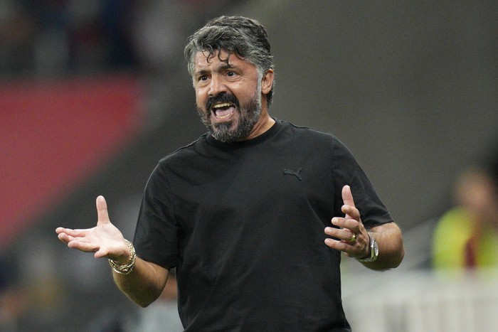 FILE - Marseilles head coach Gennaro Gattuso shouts during the French League One soccer match between Nice and Marseille at the Allianz Riviera stadium in Nice, France, on Oct. 21, 2023. Gattuso has been fired by the French league club, a person with direct knowledge of the decision told The Associated Press on Monday Feb. 19, 2024. (AP Photo/Daniel Cole, File)