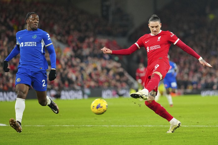Darwin Nunez Liverpool's Darwin Nunez makes an attempt to score during the English Premier League soccer match between Liverpool and Chelsea, at Anfield Stadium, Liverpool, England, Wednesday, Jan.31, 2024. (AP Photo/Jon Super)