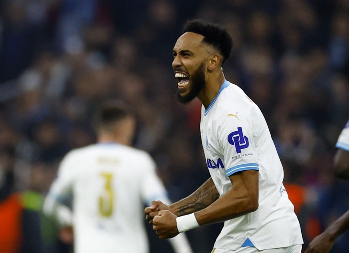 Soccer Football - Europa League - Play-Off - Second Leg - Olympique de Marseille v Shakhtar Donetsk - Stade Velodrome, Marseille, France - February 22, 2024 Olympique de Marseilles Pierre-Emerick Aubameyang celebrates scoring their first goal REUTERS/Sarah Meyssonnier