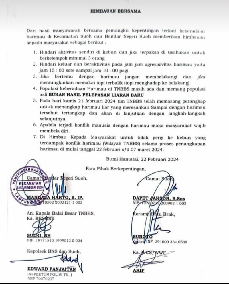 Surat edaran mengenai aktivitas harimau di Lampung Barat.