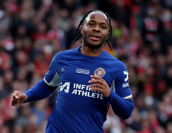 Soccer Football - Carabao Cup - Final - Chelsea v Liverpool - Wembley Stadium, London, Britain - February 25, 2024 Chelseas Raheem Sterling celebrates scoring a goal that was later disallowed REUTERS/Hannah Mckay NO USE WITH UNAUTHORIZED AUDIO, VIDEO, DATA, FIXTURE LISTS, CLUB/LEAGUE LOGOS OR LIVE SERVICES. ONLINE IN-MATCH USE LIMITED TO 45 IMAGES, NO VIDEO EMULATION. NO USE IN BETTING, GAMES OR SINGLE CLUB/LEAGUE/PLAYER PUBLICATIONS.
