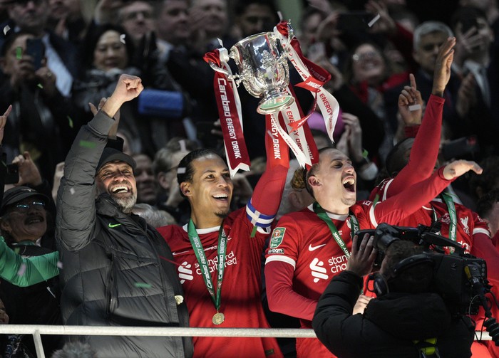 Virgil van Dijk Liverpool's Virgil van Dijk celebrates after scoring his side's first goal during the English League Cup final soccer match between Chelsea and Liverpool at Wembley Stadium in London, Sunday, Feb. 25, 2024. (AP Photo/Alastair Grant)