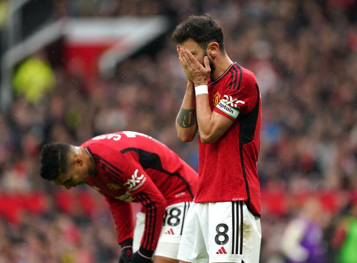 Manchester Uniteds Bruno Fernandes looks dejected during the Premier League match at Old Trafford, Manchester. Picture date: Saturday February 24, 2024. (Photo by Mike Egerton/PA Images via Getty Images)