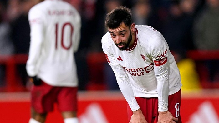 Manchester Uniteds Bruno Fernandes appears dejected during the Emirates FA Cup fifth round match at the City Ground, Nottingham. Picture date: Wednesday February 28, 2024. (Photo by Mike Egerton/PA Images via Getty Images)