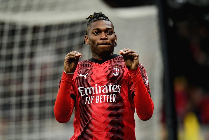 Rafael Leao Soccer Football - Serie A - AC Milan v Atalanta - San Siro, Milan, Italy - February 25, 2024 AC Milan's Rafael Leao celebrates scoring their first goal REUTERS/Daniele Mascolo