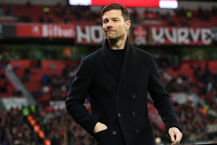 LEVERKUSEN, GERMANY - FEBRUARY 23: Xabi Alonso, Head Coach of Bayer Leverkusen, looks on prior to the Bundesliga match between Bayer 04 Leverkusen and 1. FSV Mainz 05 at BayArena on February 23, 2024 in Leverkusen, Germany. (Photo by Alexander Hassenstein/Getty Images)