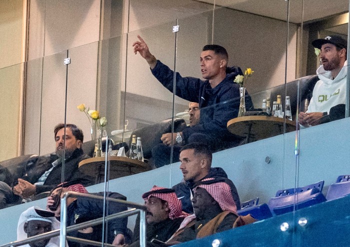 Soccer Football - Saudi Pro League - Al Nassr v Al Hazem - Al-Awwal Park, Riyadh, Saudi Arabia - February 29, 2024 Al Nassrs Cristiano Ronaldo watches the match from the stands REUTERS/Stringer