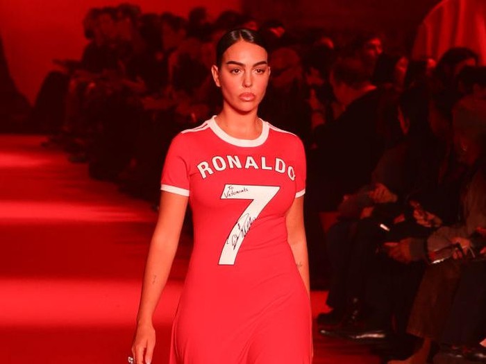 PARIS, FRANCE - MARCH 01: (EDITORIAL USE ONLY - For Non-Editorial use please seek approval from Fashion House) Georgina Rodriguez walks the runway during the Vetements Womenswear Fall/Winter 2024-2025 show as part of Paris Fashion Week on March 01, 2024 in Paris, France. (Photo by Pierre Suu/Getty Images)
