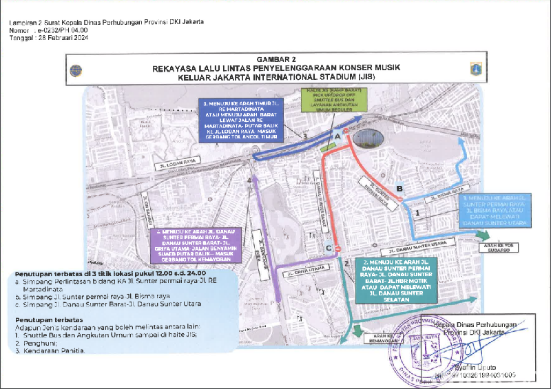 Rekayasa lalin selama konser Ed Sheeran di JIS, 2 Maret 2024 (Dok. Dinas Perhubungan)