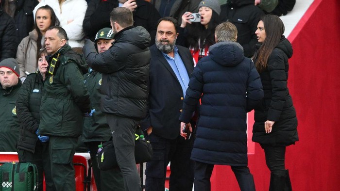 Evangelos Marinakis, the owner of Nottingham Forest, is looking annoyed during the Premier League match between Nottingham Forest and Liverpool at the City Ground in Nottingham, on March 2, 2024. (Photo by Jon Hobley | MI News/NurPhoto via Getty Images)