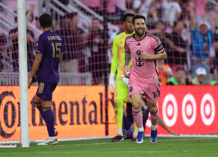 Mar 2, 2024; Fort Lauderdale, Florida, USA; Inter Miami CF forward Lionel Messi (10) celebrates after scoring a goal in the second half against Orlando City at Chase Stadium. Mandatory Credit: Nathan Ray Seebeck-USA TODAY Sports