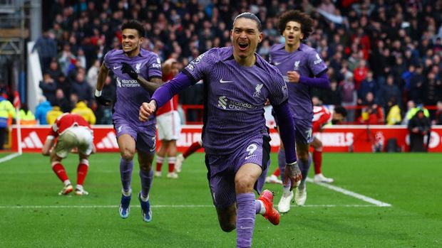 Soccer Football - Premier League - Nottingham Forest v Liverpool - The City Ground, Nottingham, Britain - March 2, 2024 Liverpool's Darwin Nunez celebrates scoring their first goal REUTERS/Molly Darlington.
