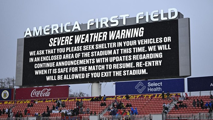 Real Salt Lake vs LAFC Mar 2, 2024; Sandy, Utah, USA; The field is cleared due to inclement weather during the first half of the match between LAFC and Real Salt Lake at America First Field. Mandatory Credit: Kelvin Kuo-USA TODAY Sports