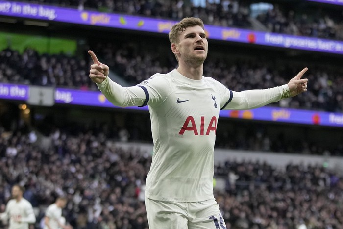 Timo Werner Tottenhams Timo Werner celebrates scoring his sides first goal during the English Premier League soccer match between Tottenham Hotspur and Crystal Palace at Tottenham Hotspur Stadium in London, Saturday, March 2, 2024.(AP Photo/Kin Cheung)