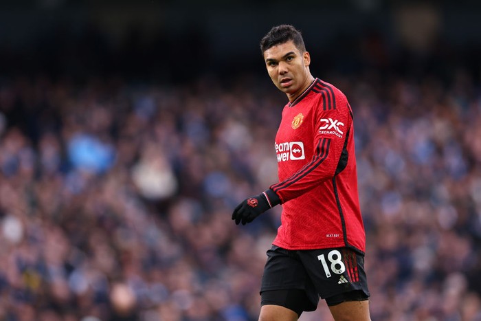 MANCHESTER, ENGLAND - MARCH 3: Casemiro of Manchester United during the Premier League match between Manchester City and Manchester United at Etihad Stadium on March 3, 2024 in Manchester, England. (Photo by Robbie Jay Barratt - AMA/Getty Images)