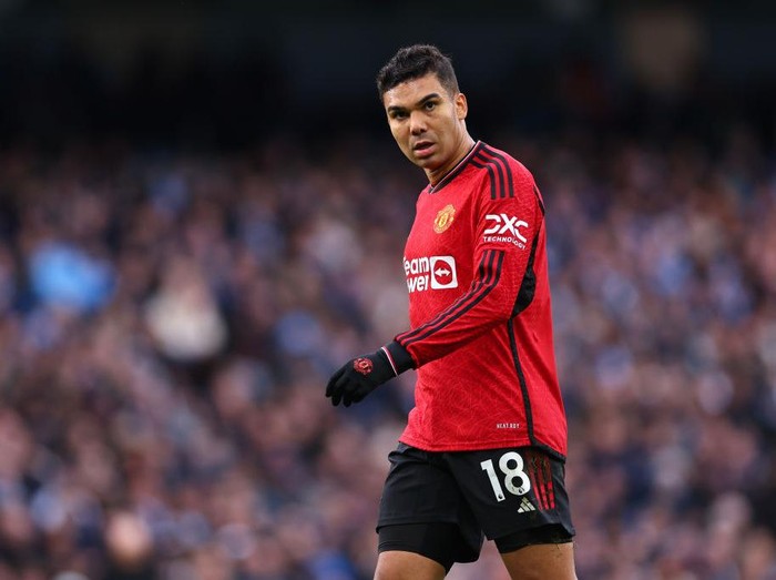 MANCHESTER, ENGLAND - MARCH 3: Casemiro of Manchester United during the Premier League match between Manchester City and Manchester United at Etihad Stadium on March 3, 2024 in Manchester, England. (Photo by Robbie Jay Barratt - AMA/Getty Images)
