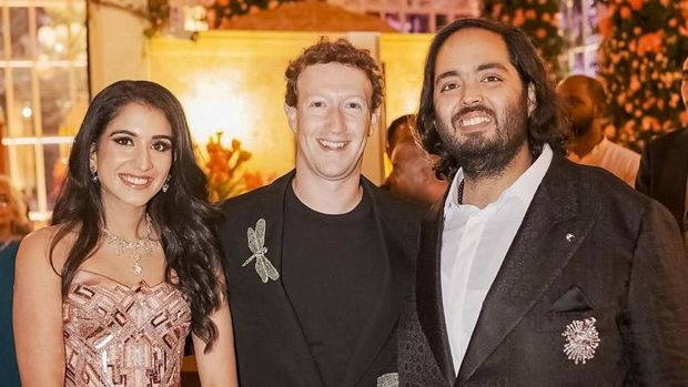 Meta CEO Mark Zuckerberg poses with Anant Ambani, son of Mukesh Ambani, the Chairman of Reliance Industries, and Radhika Merchant, daughter of industrialist Viren Merchant, during their pre-wedding celebrations in Jamnagar, Gujarat, India, March 2, 2024. Reliance Industries/Handout via REUTERS THIS IMAGE HAS BEEN SUPPLIED BY A THIRD PARTY. NO RESALES. NO ARCHIVES