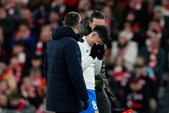 Pedri Pedri central midfield of Barcelona and Spain replace injured during the LaLiga EA Sports match between Athletic Bilbao and FC Barcelona at Estadio de San Mames on March 3, 2024 in Bilbao, Spain. (Photo by Jose Breton/Pics Action/NurPhoto via Getty Images)