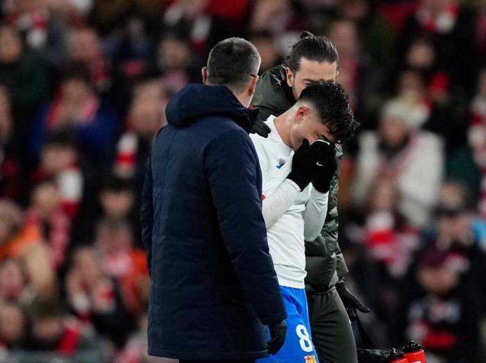 Pedri central midfield of Barcelona and Spain replace injured during the LaLiga EA Sports match between Athletic Bilbao and FC Barcelona at Estadio de San Mames on March 3, 2024 in Bilbao, Spain. (Photo by Jose Breton/Pics Action/NurPhoto via Getty Images)
