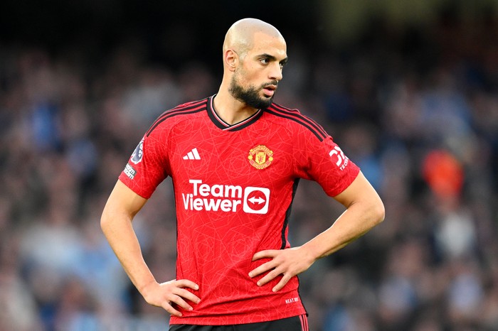 MANCHESTER, ENGLAND - MARCH 03: Sofyan Amrabat of Manchester United looks on at full-time following the teams defeat in the Premier League match between Manchester City and Manchester United at Etihad Stadium on March 03, 2024 in Manchester, England. (Photo by Michael Regan/Getty Images)
