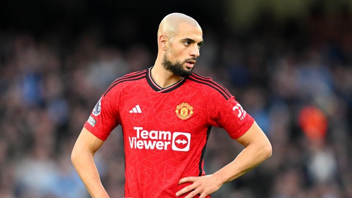 MANCHESTER, ENGLAND - MARCH 03: Sofyan Amrabat of Manchester United looks on at full-time following the teams defeat in the Premier League match between Manchester City and Manchester United at Etihad Stadium on March 03, 2024 in Manchester, England. (Photo by Michael Regan/Getty Images)