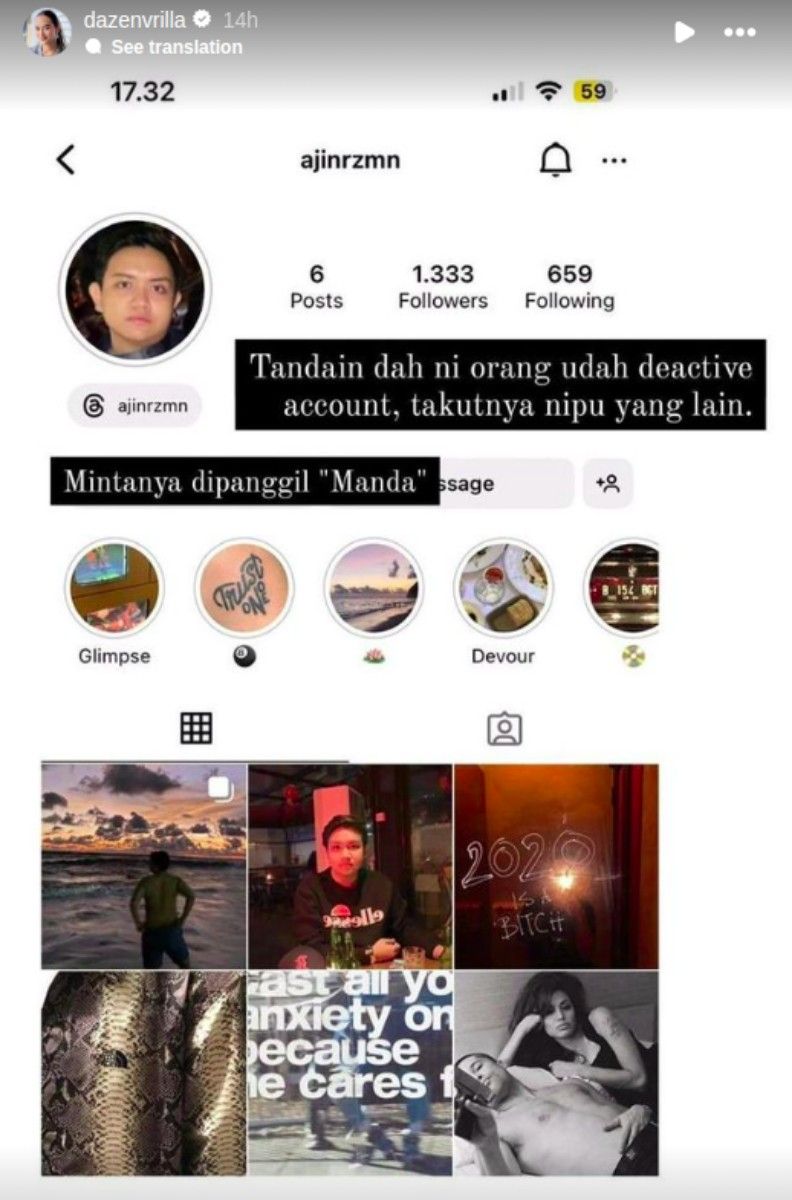 Akun scam tiket yang dibagikan Dazen Vrilla
