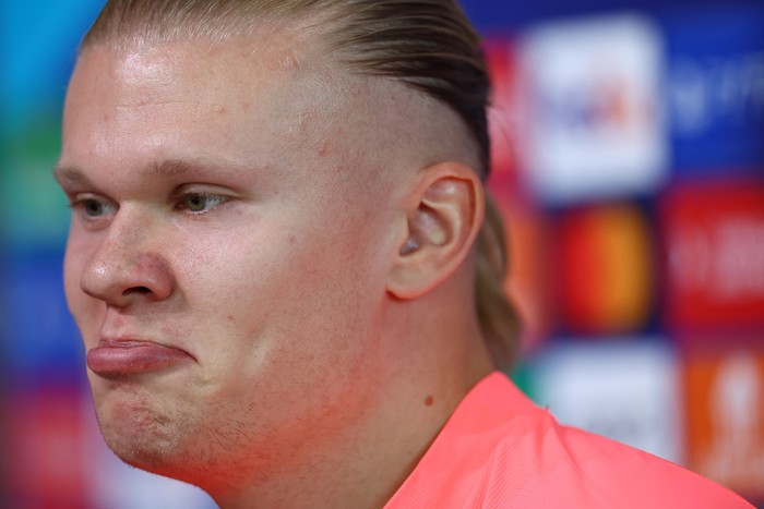 Soccer Football - Champions League - Manchester City Press Conference - Etihad Campus, Manchester, Britain - March 5, 2024 Manchester Citys Erling Braut Haaland during the press conference REUTERS/Carl Recine