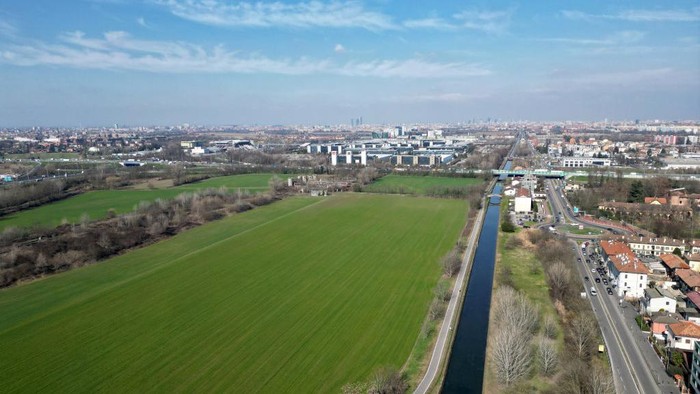 MILAN, ITALY - MARCH 03: An aerial view of the land where the new FC Internazionale Milano stadium could be built, the private land is located in the municipality of Rozzano near Assago and the Forum on March 03, 2023 in Milan, Italy. (Photo by Claudio Villa/Getty Images)