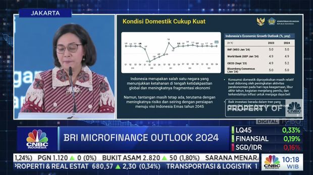 Menteri Keuangan RI, Sri Mulyani memberi sambutan di acara BRI Microfinance Outlook 2024, Jakarta, 7/4.
