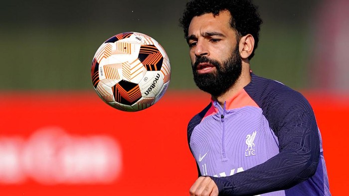 Liverpools Mohamed Salah during a training session at the AXA Training Centre, Liverpool. Picture date: Wednesday March 6, 2024. (Photo by Peter Byrne/PA Images via Getty Images)