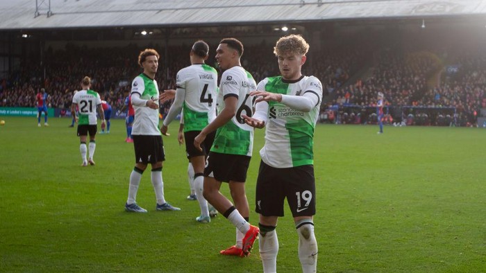 1835949030 Harvey Elliott is celebrating after scoring during the Premier League match between Crystal Palace and Liverpool at Selhurst Park in London, on December 9, 2023. (Photo by MI News/NurPhoto via Getty Images)