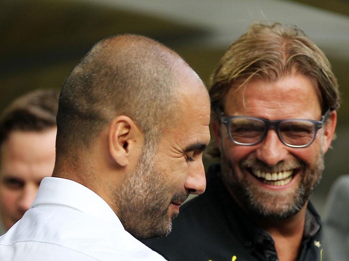 Trainer Coach Pep Josep Guardiola FC Bayern München Munich mt Trainer Jürgen Juergen Klopp Borussia Dortmund Supercup Fussball Borussia Dortmund BVB - FC Bayern München Saison 2013/ 2014 (Photo by sampics/Corbis via Getty Images)
