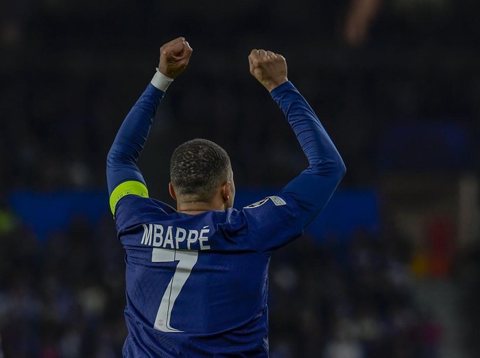 PSG's Kylian Mbappe celebrates after scoring his side's opening goal during the Champions League round of 16 second leg soccer match between Real Sociedad and Paris Saint-Germain, at the Reala Arena stadium in San Sebastian, Spain, Tuesday, March 5, 2024. (AP Photo/Alvaro Barrientos)