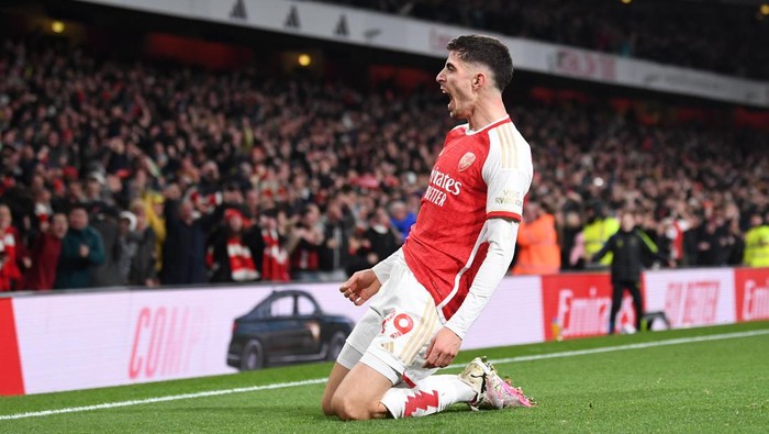 LONDON, ENGLAND - MARCH 09: Kai Havertz celebrates scoring Arsenals 2nd goal during the Premier League match between Arsenal FC and Brentford FC at Emirates Stadium on March 09, 2024 in London, England. (Photo by David Price/Arsenal FC via Getty Images)