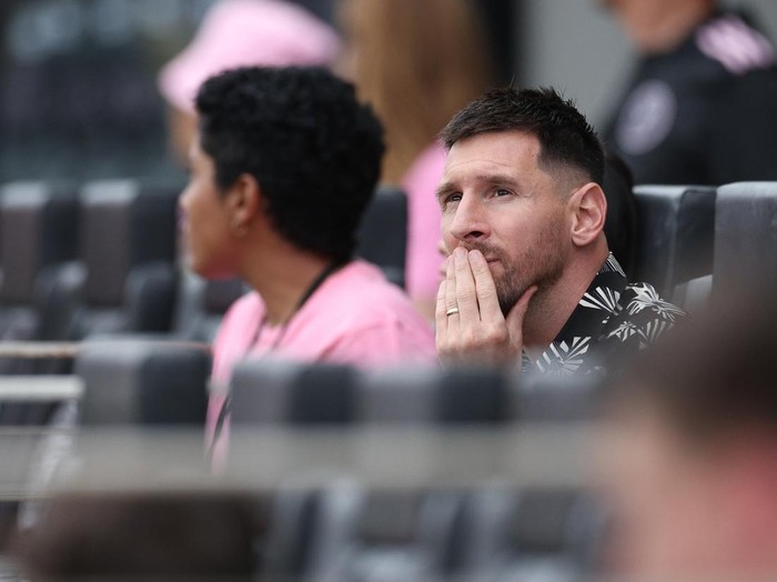 Mar 10, 2024; Fort Lauderdale, Florida, USA; Inter Miami CF forward Lionel Messi (10) watches the game against CF Montreal from the stands during the first half at Chase Stadium. Mandatory Credit: Nathan Ray Seebeck-USA TODAY Sports
