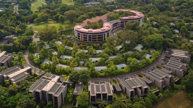 Aerial view of Capella Singapore,  a luxury hotel situated in 30 acres (12 ha) of grounds and gardens located on Sentosa Island, Singapore.  It was designed by architect Norman Foster. The 2018 United States–North Korea Summit was held at the hotel.