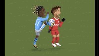 Momen terjangan kaki Doku kena dada Mac Allister ala 8bit nih! Foto: dok. Internet/X (Twitter)