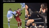 Meme Doku Tendang Mac Allister, Main Bola atau Main Gulat sih?