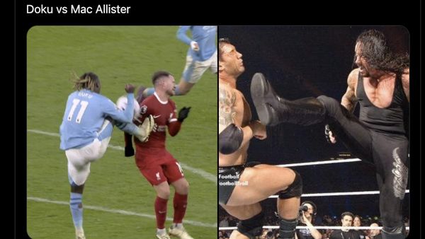 Meme Doku Tendang Mac Allister, Main Bola atau Main Gulat sih?