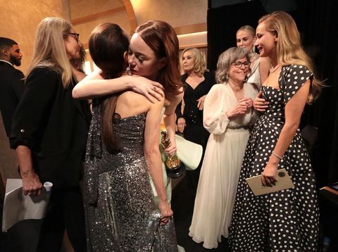 HOLLYWOOD, CALIFORNIA - MARCH 10: In this handout photo provided by A.M.P.A.S., Michelle Yeoh, Emma Stone, Sally Field and Jennifer Lawrence are seen backstage during the 96th Annual Academy Awards at Dolby Theatre on March 10, 2024 in Hollywood, California.   Al Seib/A.M.P.A.S. via Getty Images/AFP (Photo by Handout / GETTY IMAGES NORTH AMERICA / Getty Images via AFP)