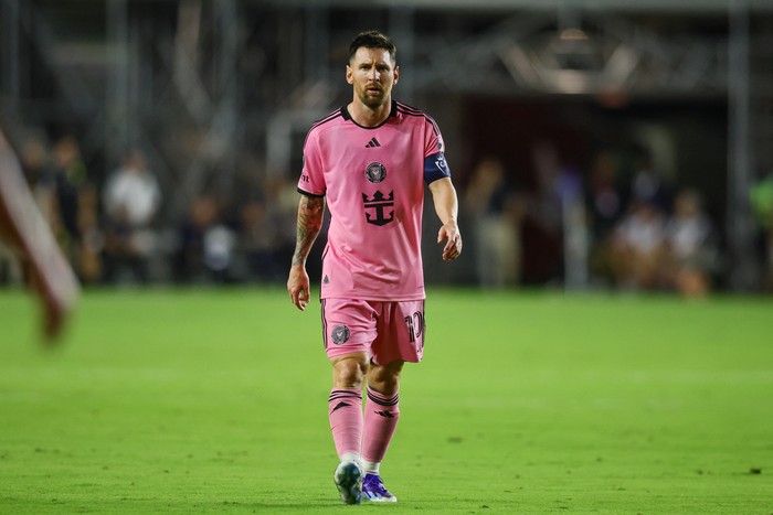 Mar 13, 2024; Fort Lauderdale, FL, USA; Inter Miami CF forward Lionel Messi (10) looks on against the Nashville SC during the first half at Chase Stadium. Mandatory Credit: Sam Navarro-USA TODAY Sports