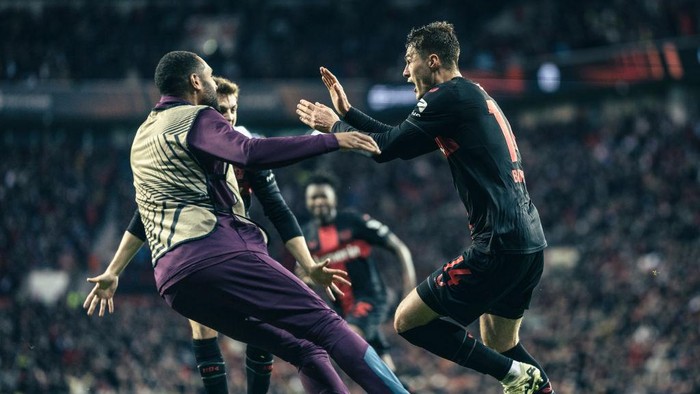 LEVERKUSEN, GERMANY - MARCH 14: Patrik Schick of Bayer Leverkusen celebrates after scoring his teams third goal during the UEFA Europa League 2023/24 round of 16 second leg match between Bayer 04 Leverkusen and Qarabag FK at BayArena on March 14, 2024 in Leverkusen, Germany. (Photo by Lars Baron - UEFA/UEFA via Getty Images) (Photo by Lars Baron - UEFA/UEFA via Getty Images)