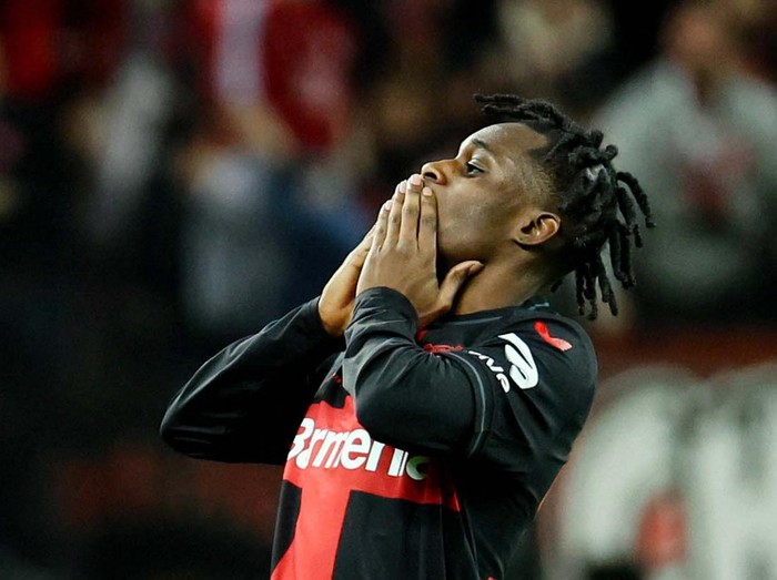 Soccer Football - Europa League - Round of 16 - Second Leg - Bayer Leverkusen v Qarabag - BayArena, Leverkusen, Germany - March 14, 2024
Bayer Leverkusen's Jeremie Frimpong celebrates scoring their first goal REUTERS/Wolfgang Rattay