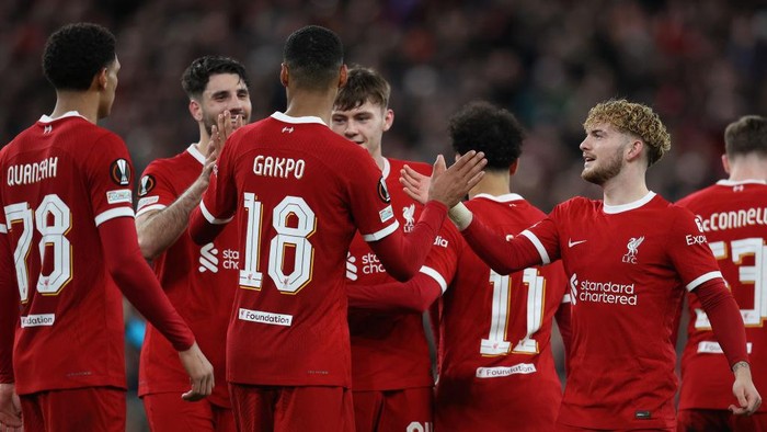 LIVERPOOL, ENGLAND - MARCH 14: Harvey Elliott of Liverpool and Cody Gakpo of Liverpool celebrate the 5th goal during the UEFA Europa League 2023/24 round of 16 second leg match between Liverpool FC and AC Sparta Praha at Anfield on March 14, 2024 in Liverpool, England.(Photo by Sportsphoto/Allstar/Getty Images)