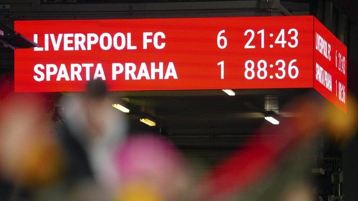 A scoreboard shows the final score of the Europa League round of 16, second leg, soccer match between Liverpool and Sparta Praha at Anfield Stadium, Liverpool, England, Thursday March 14, 2024. (AP Photo/Jon Super)